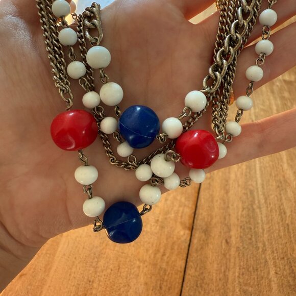 Delightful vintage costume red, white & blue silver-toned multi-strand necklace - Picture 3 of 3